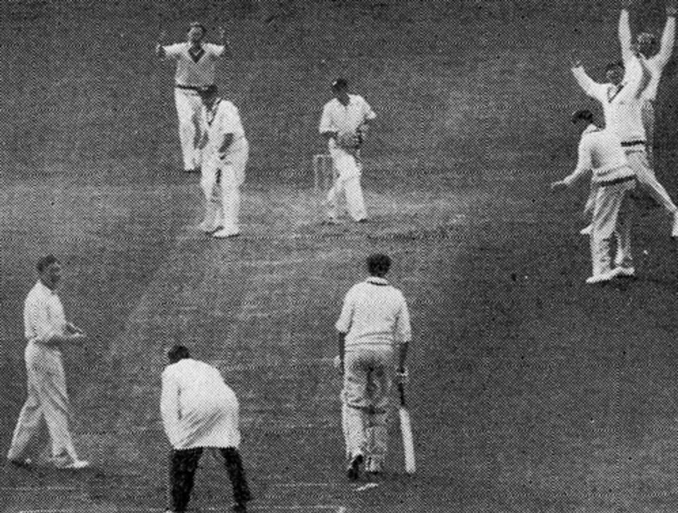 Jim Laker takes his tenth wicket as Jack Wilson is caught by Roy Swetman