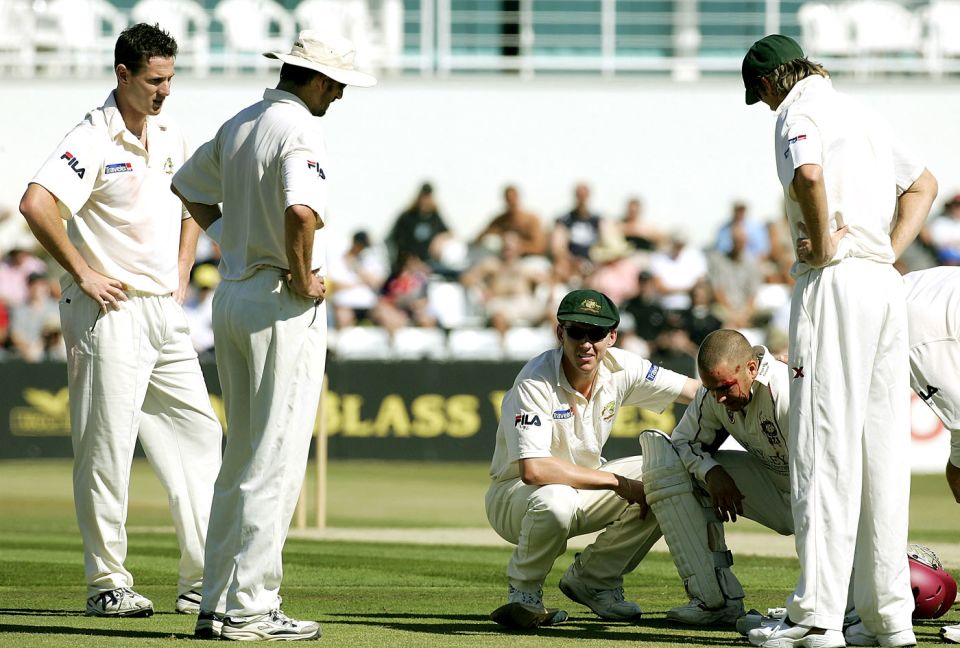 Northamptonshire's Tim Roberts gets in the way of a Tait thunderbolt during the 2005 Ashes tour