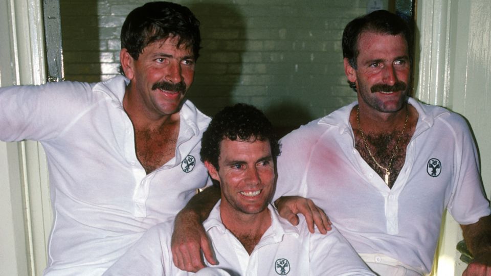 Rod Marsh, Greg Chappell and Dennis Lillee pose after their final Test