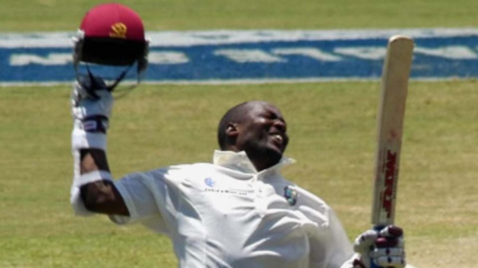 Brian Lara jumps for joy at passing Matthew Hayden's record