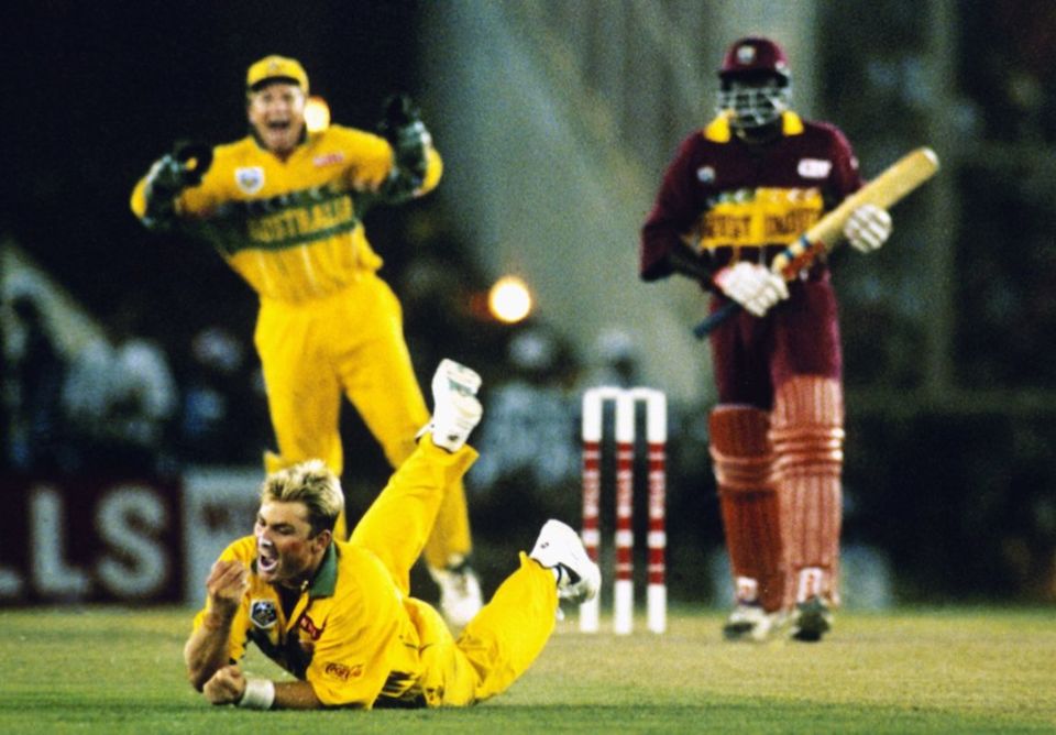 Courtney Browne is caught and bowled by Shane Warne