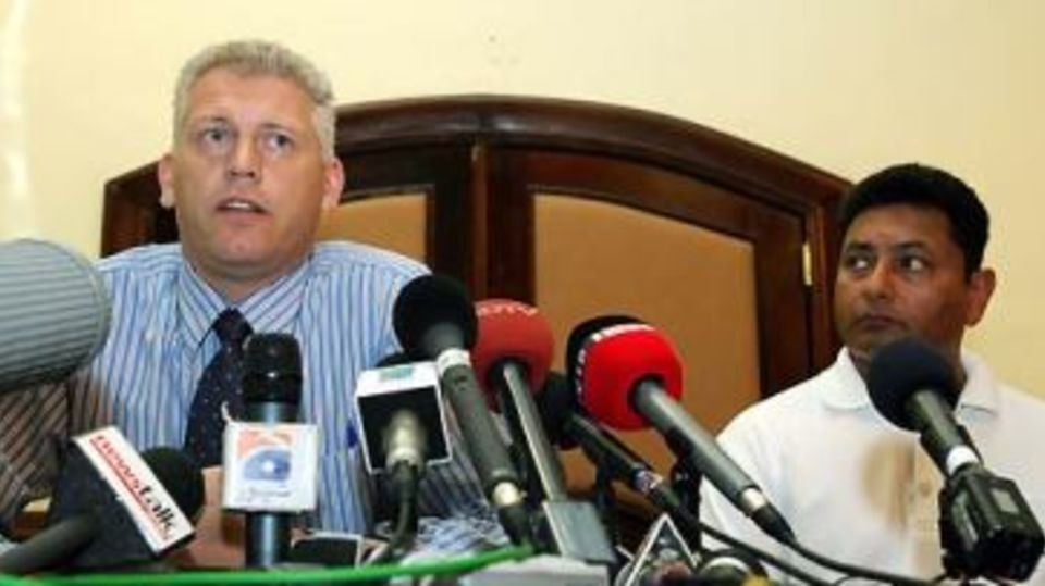 Mark Shields and Pervez Mir address the media regarding the death of Bob Woolmer