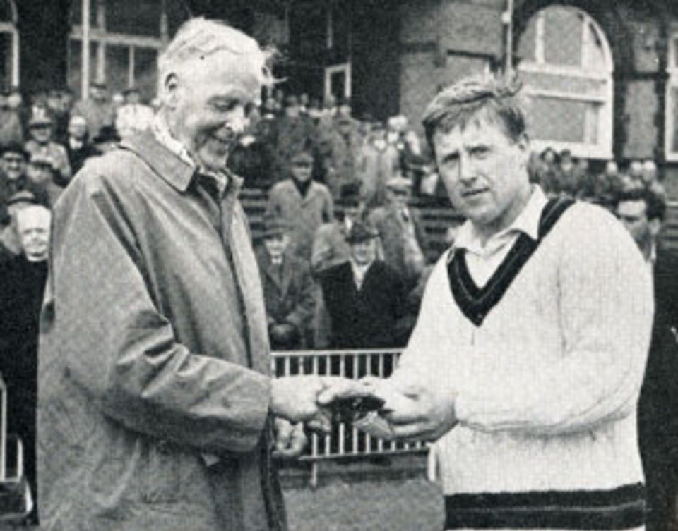 Peter Marner receives the first Man-of-the-Match award from Frank Woolley