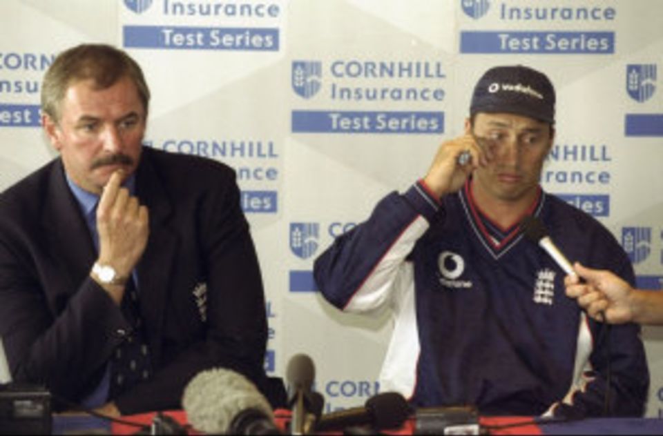 An emotional Nasser Hussain faces the media shortly after being booed by England fans