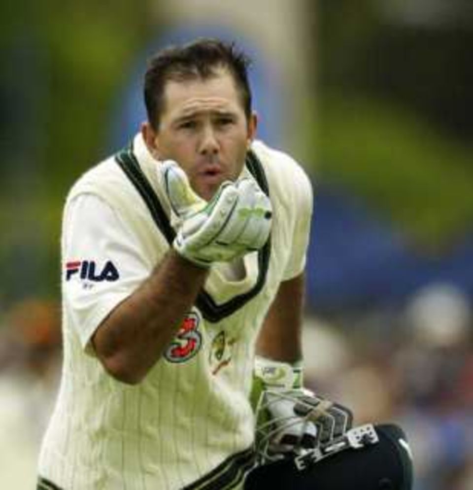 Ponting blows a kiss to his wife upon reaching a double-century in Adelaide; soon he would become one of only five to have scored a double and a duck in the same match
