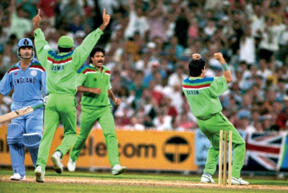 The double blow: Allan Lamb is dismissed by Wasim Akram in the 1992 World Cup final; next ball, Chris Lewis followed