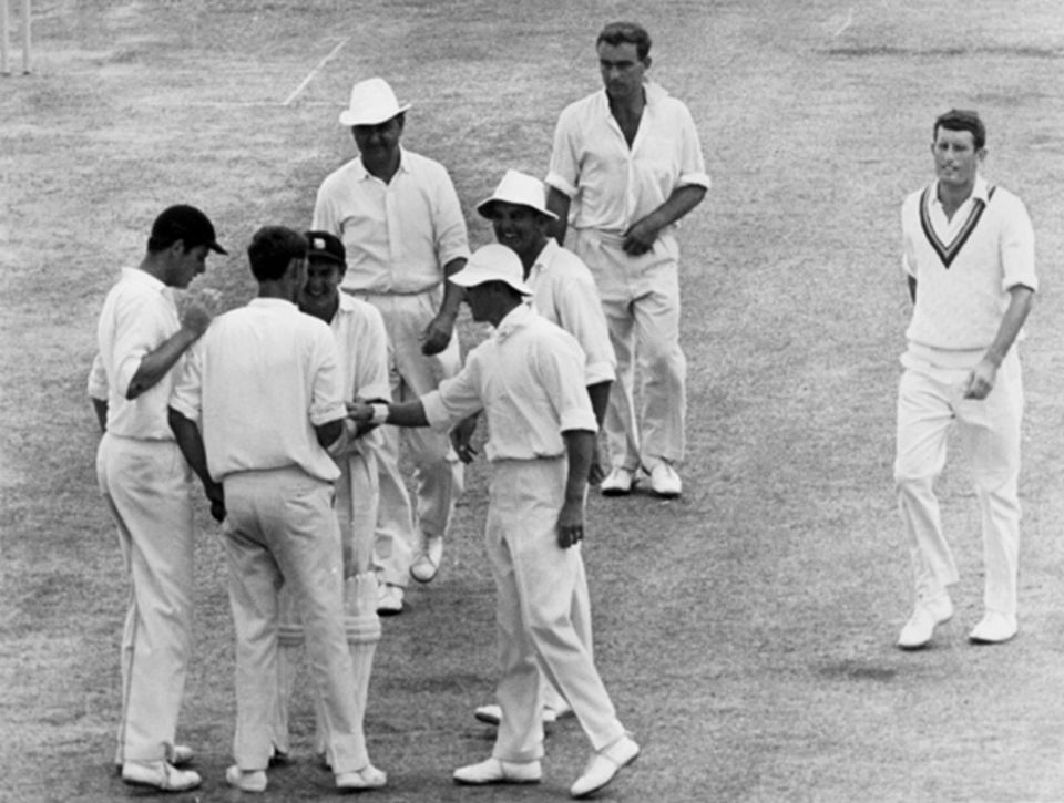 Pocock is congratulated for taking a wicket in Barbados, 1967-68
