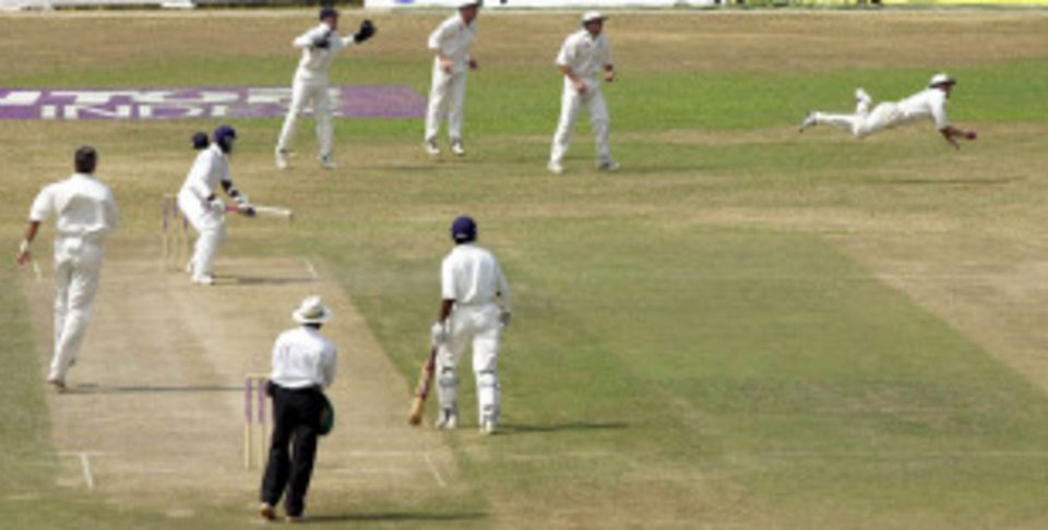 The umpiring nadir: Graham Thorpe dives to catch Sanath Jayasuriya off a bump ball; to Jayasuriya's disgust, he was given out