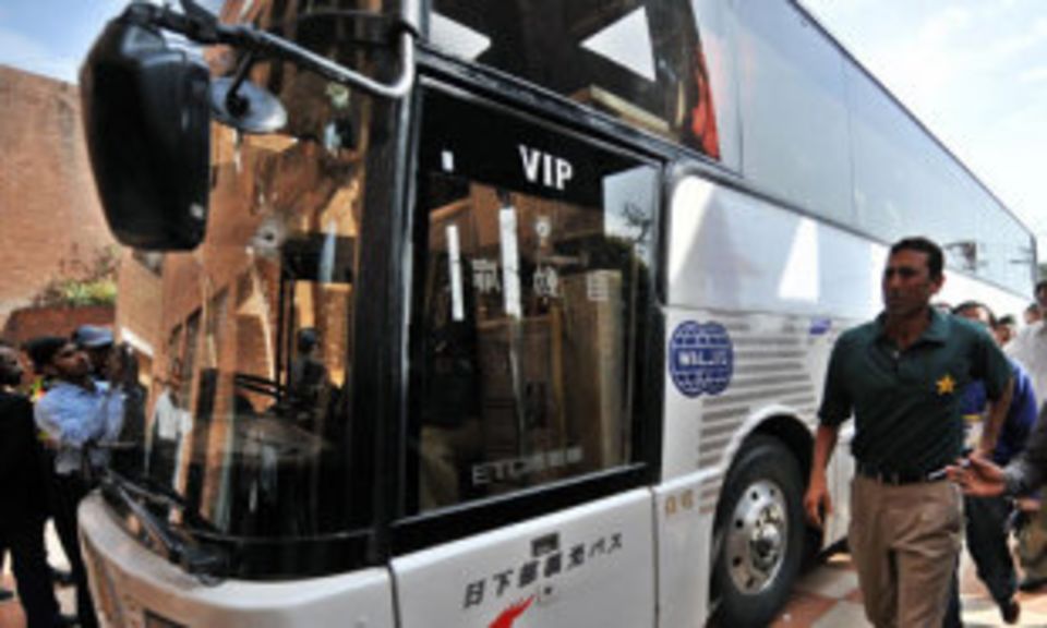 The Sri Lanka team coach, ridden with bullet holes, after the terrorist attack in Lahore