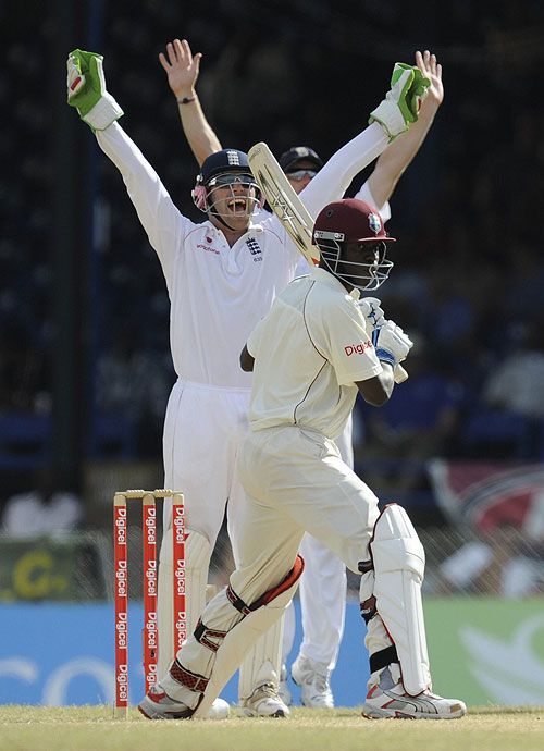 Lionel Baker pads up to Graeme Swann as West Indies' innings comes to an end
