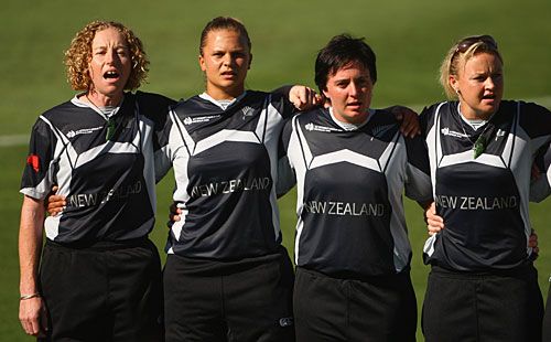 The New Zealand players sing their national anthem