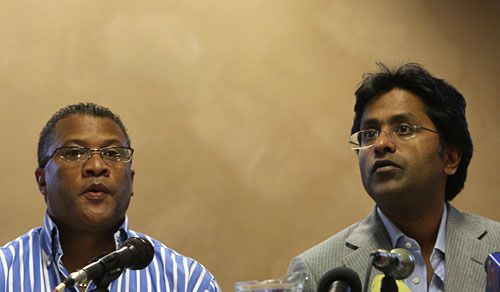 Gerald Majola and Lalit Modi at a press conference