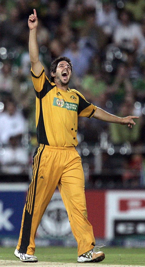 Brett Geeves is ecstatic after picking up Herschelle Gibbs