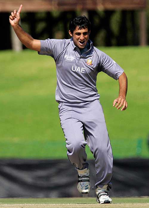 Zahid Shah celebrates a strike against Netherlands