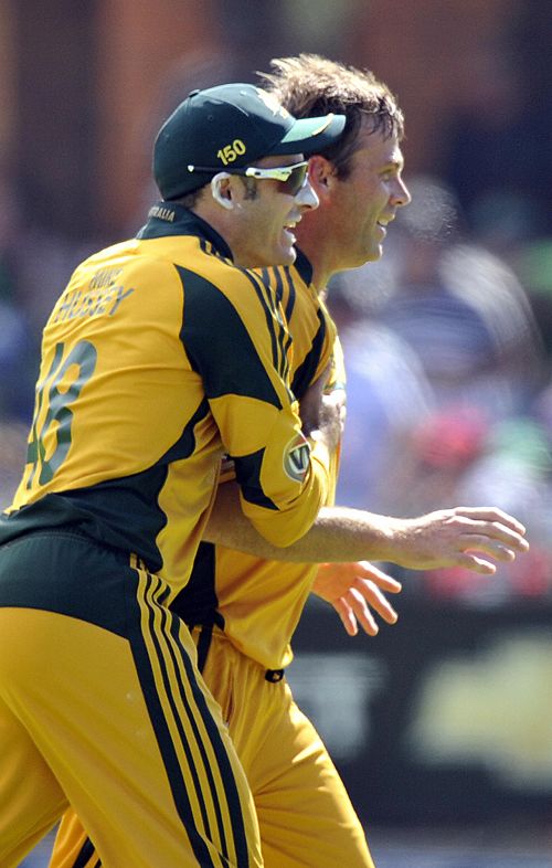 Michael Hussey congratulates Shane Harwood on his first ODI wicket