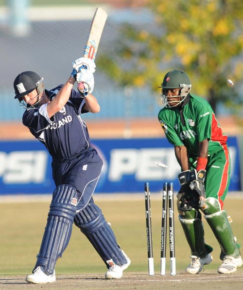 Not a replay he'd like to see: Scotland's John Blain is bowled for 10