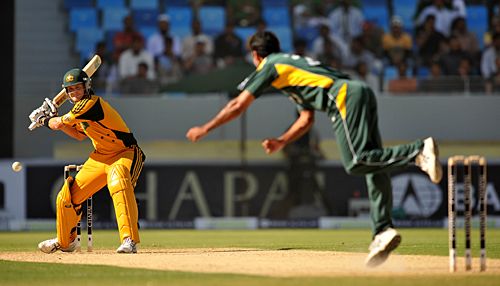 Shane Watson gears up to smash Iftikhar Anjum through the off side