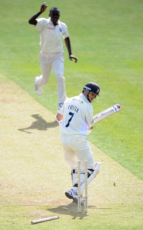 James Foster is bowled by Lionel Baker