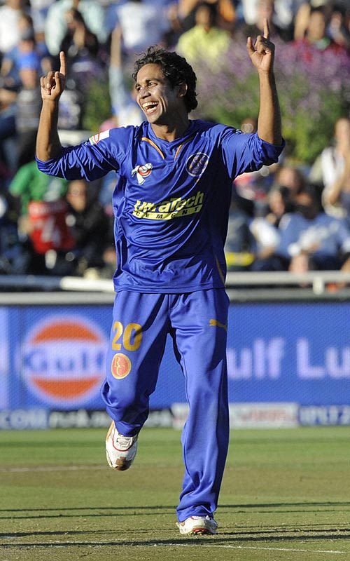 Kamran Khan is pleased after dismissing Ravi Bopara
