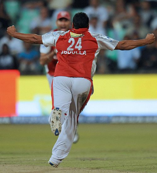 Yusuf Abdulla celebrates the dismissal of Shikhar Dhawan