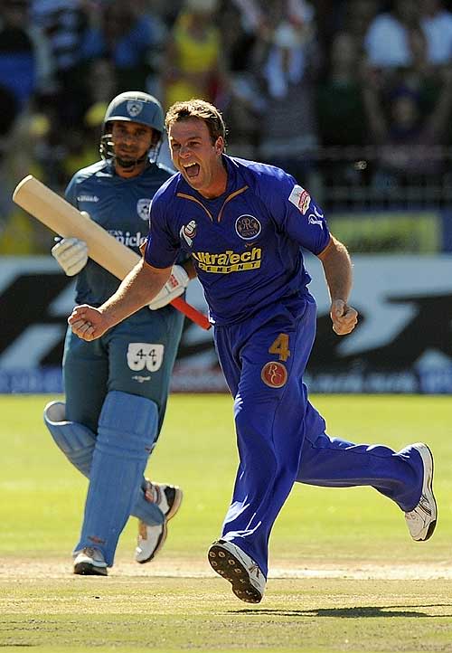 Shane Harwood celebrates a wicket with his first ball in the IPL