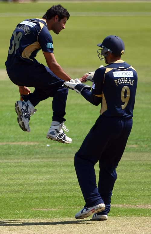 Hamza Riazuddin celebrates one of his three wickets