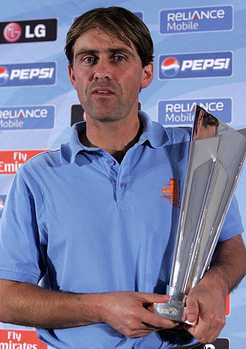 Netherlands captain Jeroen Smits poses with the ICC World Twenty20 trophy