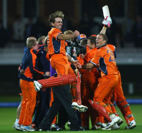 Jeroen Smits leaps for joy as Netherlands celebrate their dramatic last-ball win
