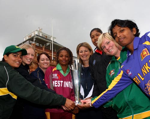Captains of the eight teams of the women's World Twenty20 with the trophy
