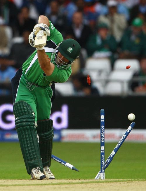 Ireland's Jeremy Bray has his stumps rearranged