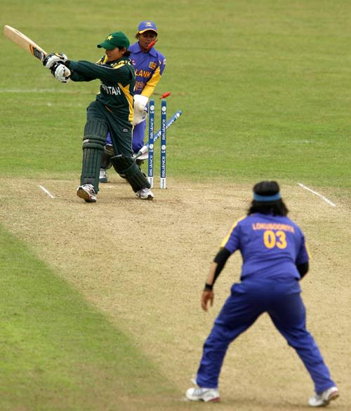 Almas Akram is bowled by Sri Lanka's Eshani Kaushalya