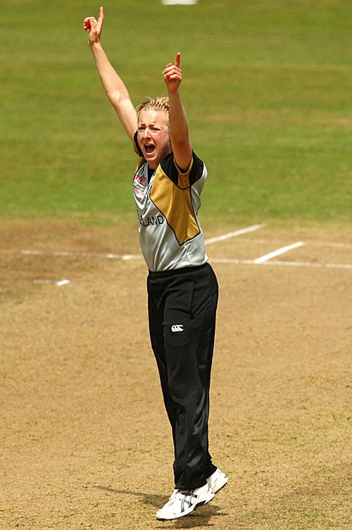 Sian Ruck successfully appeals for the wicket of Shandre Fritz