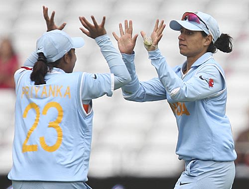 Priyanka Roy and Anjum Chopra celebrate Lucy Doolan's wicket