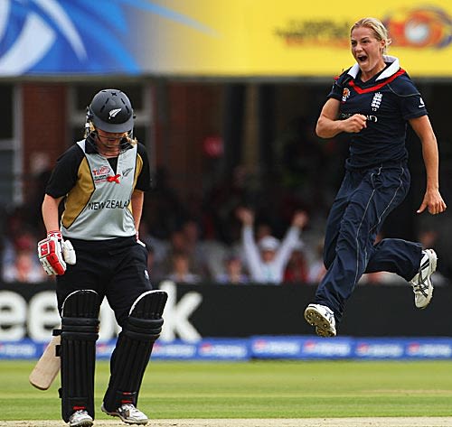 Katherine Brunt exults after dismissing Lucy Doolan