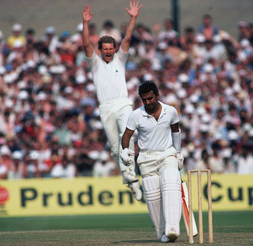 Sunil Gavaskar walks back after being dismissed by Paul Allott for 25