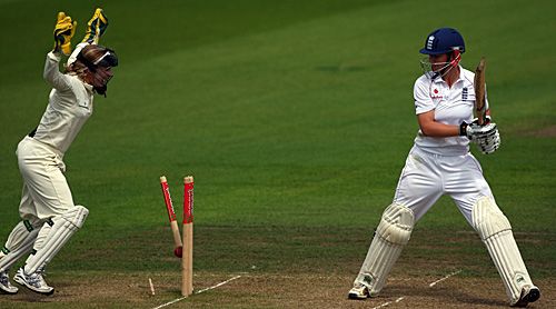 Beth Morgan is bowled by Lisa Sthalekar