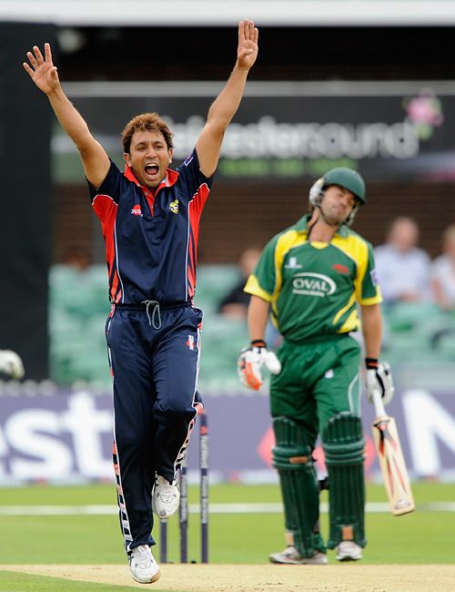 Azhar Mahmood appeals successfully to claim the wicket of James Benning