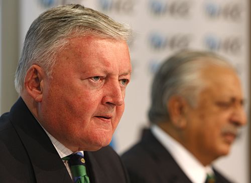 David Morgan and Ijaz Butt (background) at a meeting between the ICC and PCB