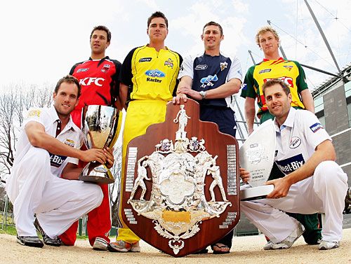 Australian state captains model the new season's uniforms and the domestic trophies
