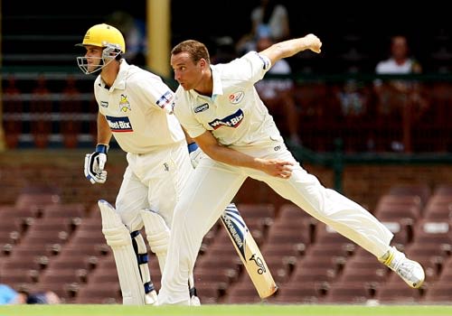 Stuart Clark sends down a delivery