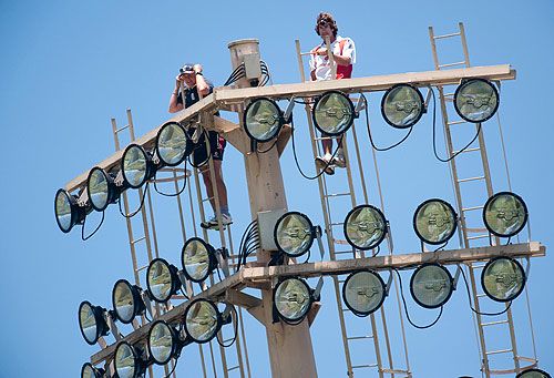 England coaches Andy Flower and Bruce French take an aerial view of proceedings on the final day of England's warm-up in East London