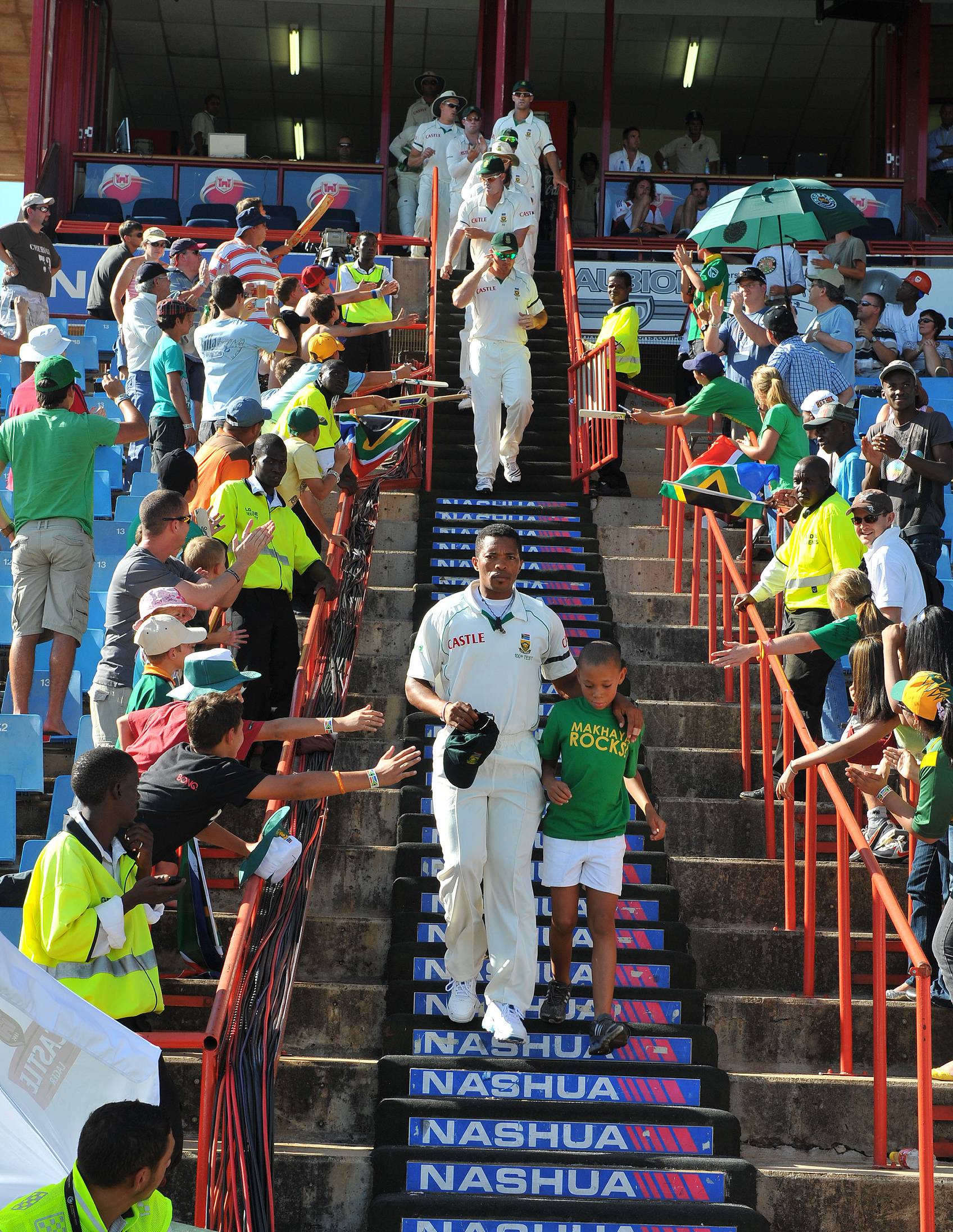 Makhaya Ntini's son joins him as he leads South Africa out onto the field for his 100th cap