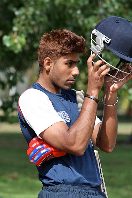 Harmeet Singh prepares to bat in the nets