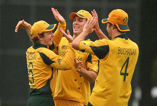 Nick Buchanan, Mitchell Marsh and Luke Doran celebrate another wicket