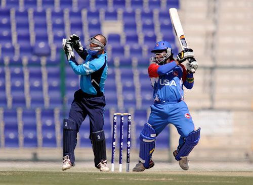 Carl Wright hammers a ball through the off side on the way to a half-century