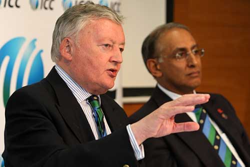 David Morgan, the ICC chairman, gives a press conference alongside Haroon Lorgat