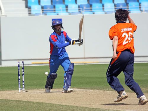 Nawroz Mangal is bowled by Mark Jonkman
