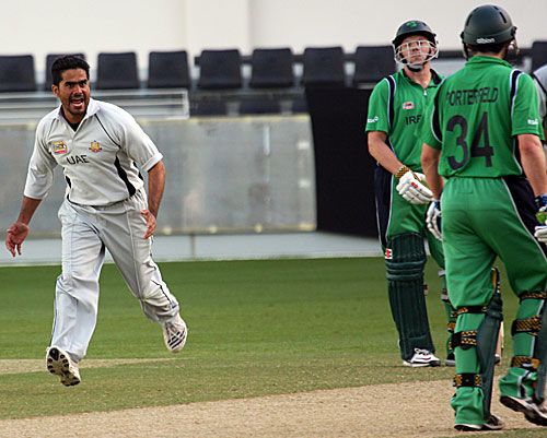 Saqib Ali celebrates the wicket of William Porterfield