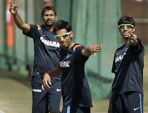 India's pace trio of Sudeep Tyagi, Praveen Kumar and Ashish Nehra during a training session