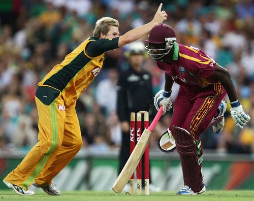 Wavell Hinds is run-out by Cameron White's throw to Steven Smith